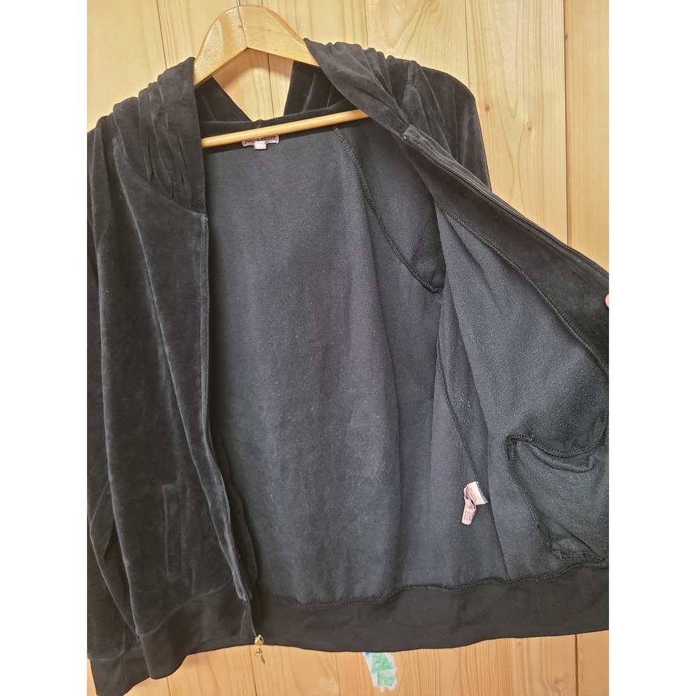 Juicy Couture Velour Hoodie Women XL Black Good Pink Glitter Crest Y2K Zip Up - Picture 10 of 10